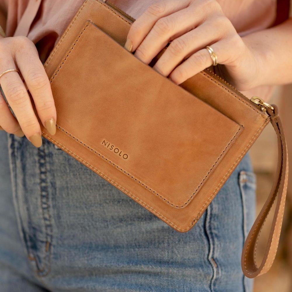 Nisolo Go To Wristlet Clutch and Card Holder Almond 7”x5”
